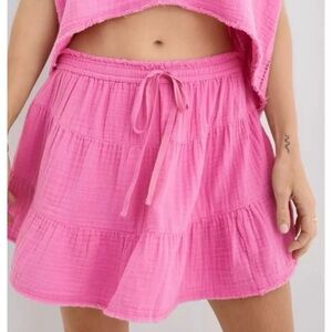 NWT Aerie Pool To Party Mini Skirt Hot Pink Cotton Gauze Loose Flowy Tiered